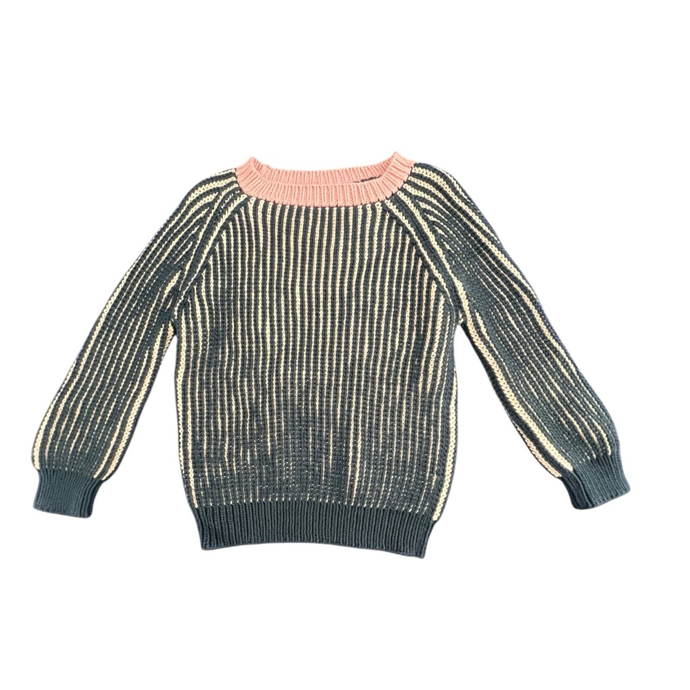 Misha & Puff Ribbed Sweater 5-6Y Green Stripe Peach/BeigeCollar Pima Cotton Knit